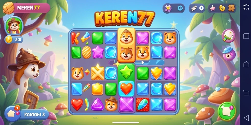 Screenshot gameplay KEREN77 menampilkan momen mencocokkan permata yang seru.