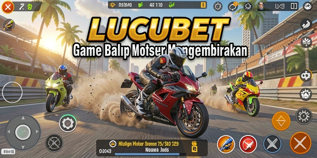 Screenshot gameplay LUCUBET menampilkan motor balap dengan latar belakang trek yang menantang.