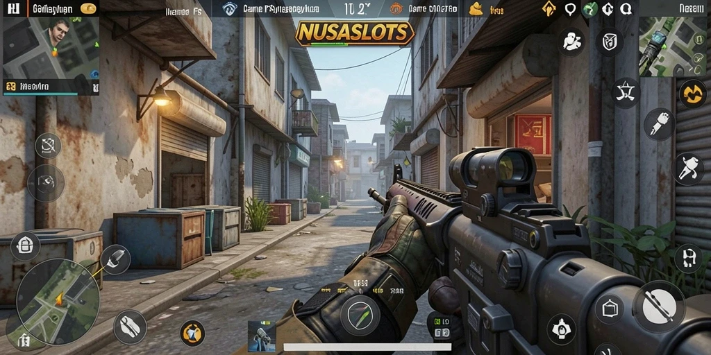 Screenshot NUSASLOTS menampilkan aksi seru dalam pertempuran FPS.