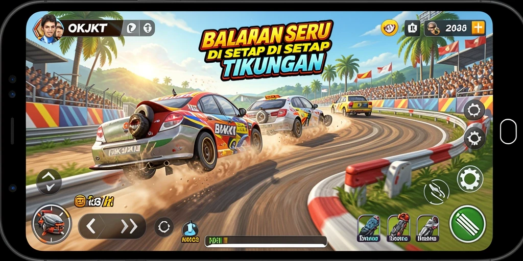 Tampilan utama gameplay OKJKT yang mendebarkan dan penuh aksi balapan.