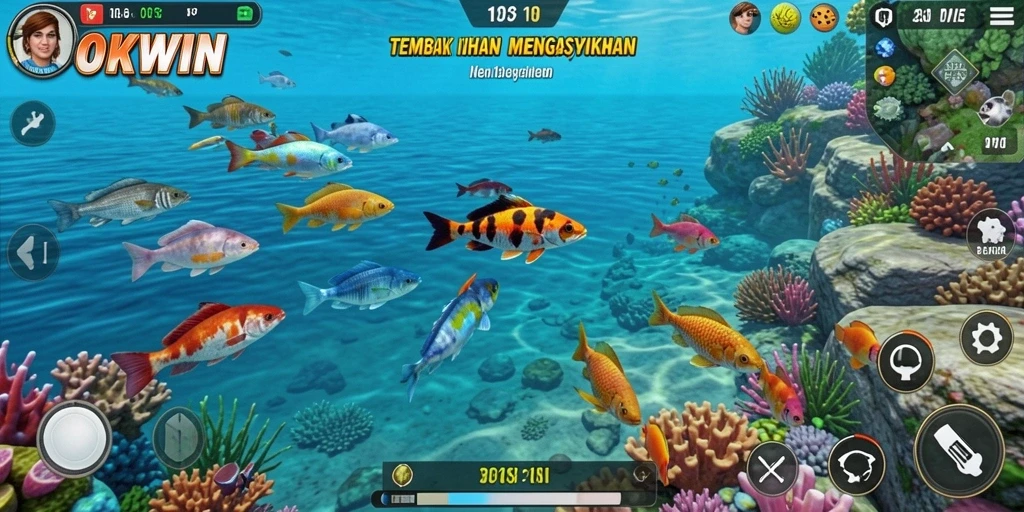 Tampilan gameplay seru saat menembak ikan di OKWIN.