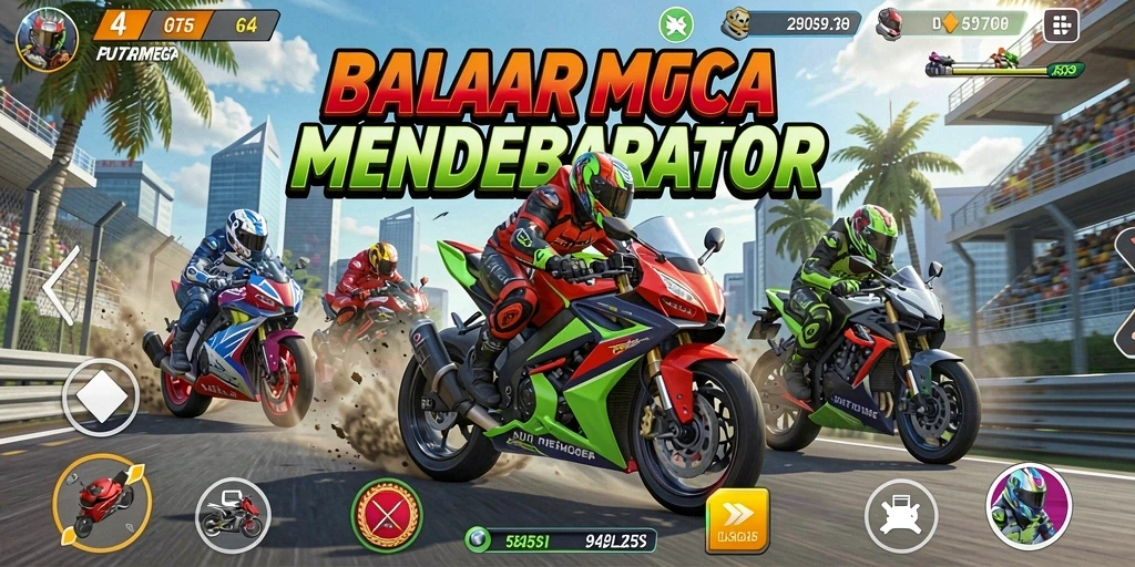 Tampilan gameplay PUTARMEGA yang seru dan mendebarkan dalam balapan motor.