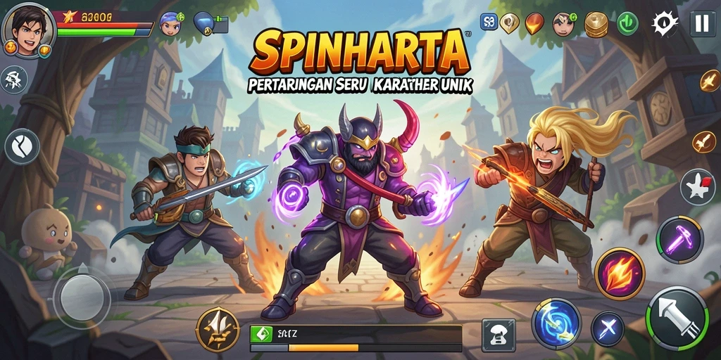 Screenshot gameplay SPINHARTA menunjukkan aksi pertarungan yang mendebarkan.